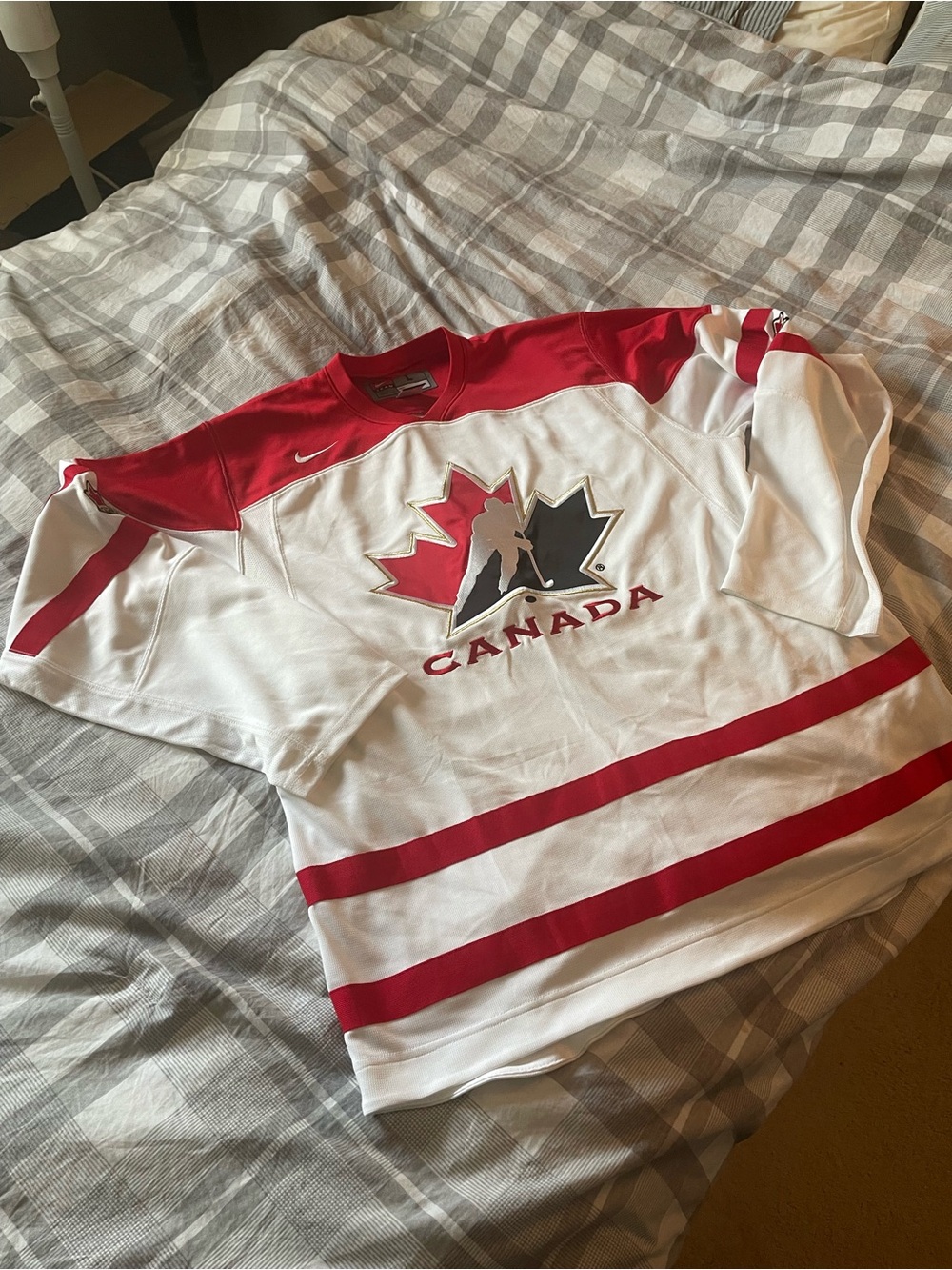 Nike White and Red Canada Hockey Jersey with Maple Leaf Crest